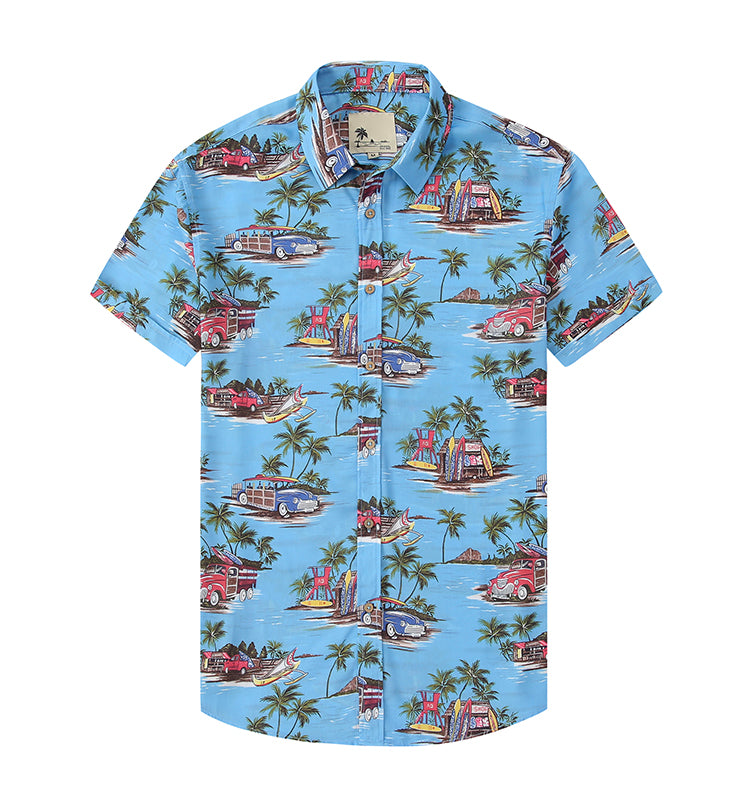 Warhorse Clothing Men's Hawaiian Casual Printed Shirt Blue European and American Men's Clothing Wholesale Customization