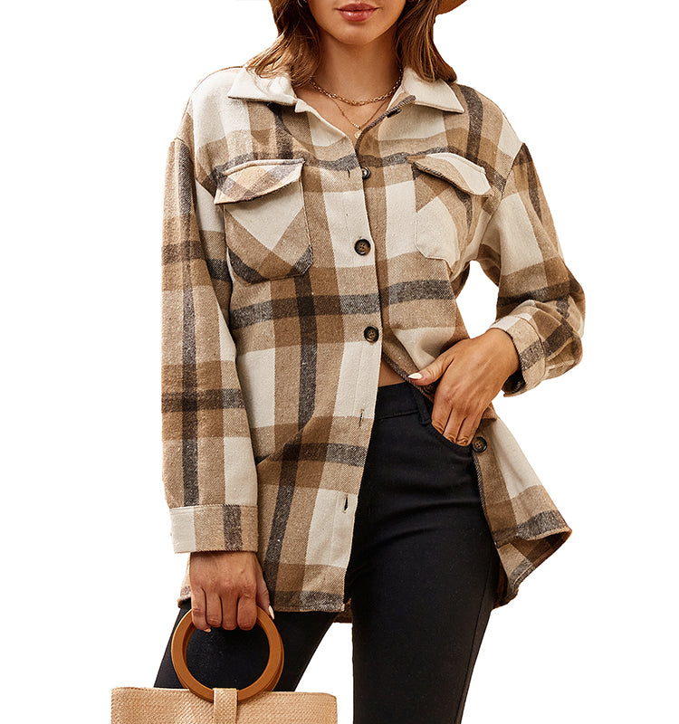 OEM/ODM camisas de mujer 2023 Popular Women's American Casual Women's Flannel Thickened Long Sleeve Plaid Shirt