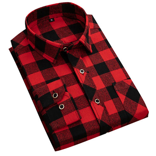 Red Black Plaid Shirt Men's Long Sleeve | Custom Logo Business Uniforms, Washed Flannel Oversized Fit