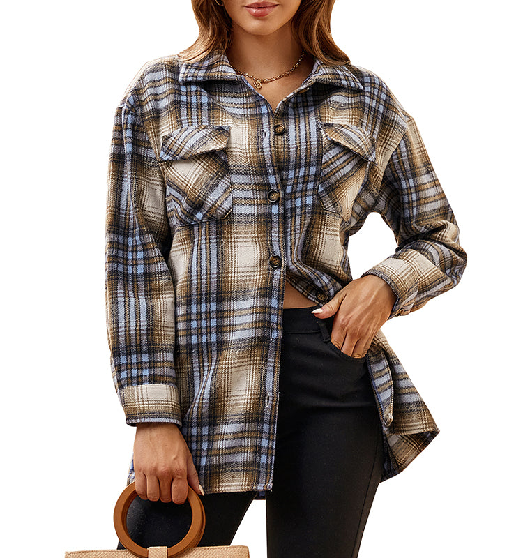 OEM/ODM camisas de mujer 2023 Popular Women's American Casual Women's Flannel Thickened Long Sleeve Plaid Shirt