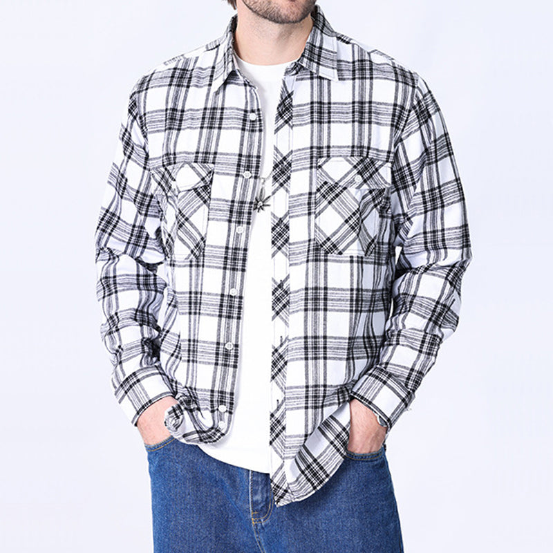 Heavyweight Brushed Cotton Plaid Shirt Jacket - Big & Tall Sizing (200-350lbs) | Outdoor-Ready Layering with Dual Pockets