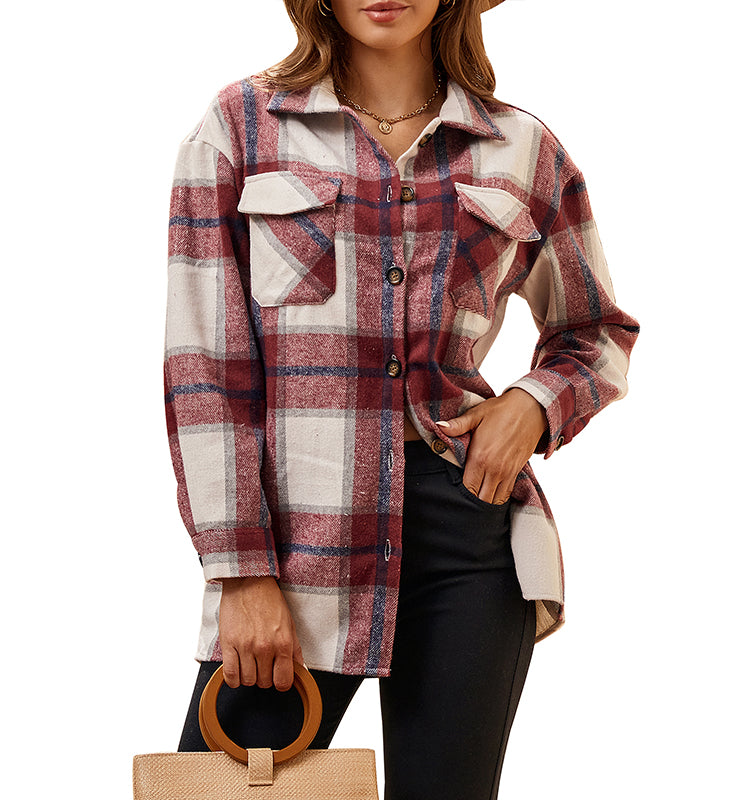 OEM/ODM camisas de mujer 2023 Popular Women's American Casual Women's Flannel Thickened Long Sleeve Plaid Shirt