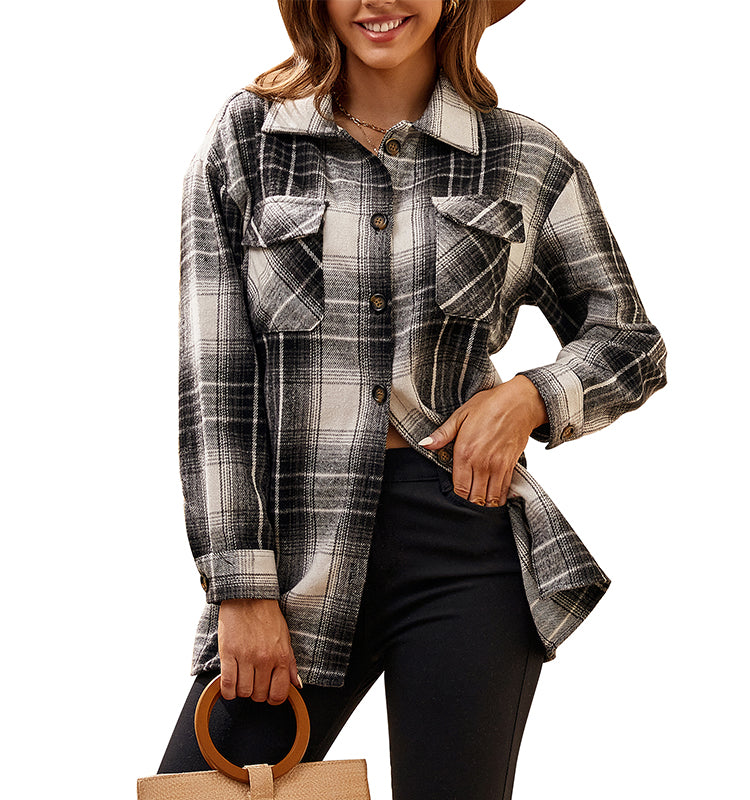 OEM/ODM camisas de mujer 2023 Popular Women's American Casual Women's Flannel Thickened Long Sleeve Plaid Shirt