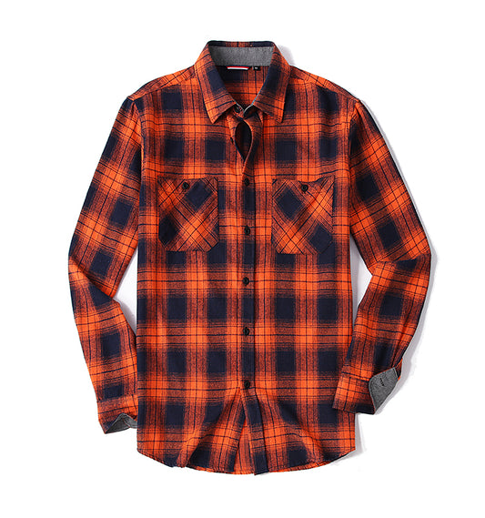 Warhorse Clothing Men's Flannel Casual Shirt Classic Orange and Black Plaid Pattern European and American Men's Clothing Wholesale Customization