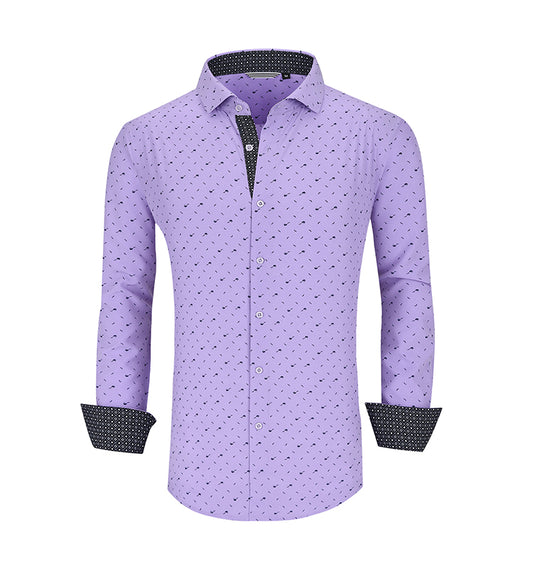 Warhorse Clothing Men's Peach Skin Printed Long Sleeve Shirt Purple Polka Dot European and American Men's Clothing Wholesale Customization