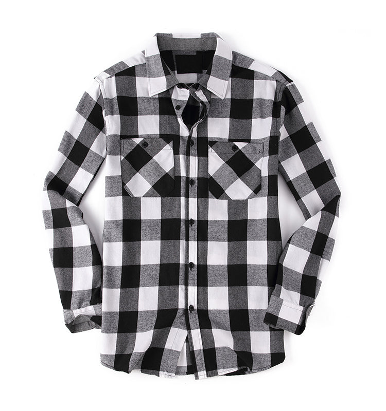 Warhorse Clothing Men's Flannel Casual Shirt Classic Blue and Black Plaid Pattern European and American Men's Clothing Wholesale Customization