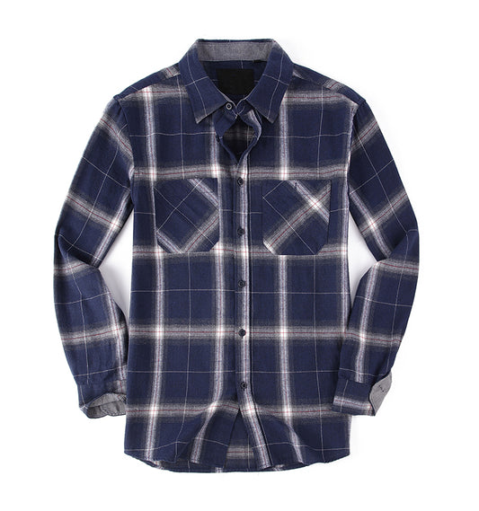 Warhorse Clothing Men's Flannel Casual Shirt Classic Blue and White Plaid Pattern European and American Men's Clothing Wholesale Customization