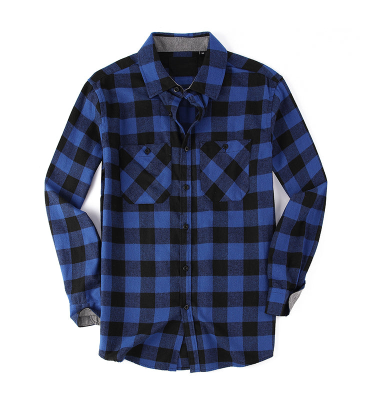 Warhorse Clothing Men's Flannel Casual Shirt Classic Blue and Black Plaid Pattern European and American Men's Clothing Wholesale Customization