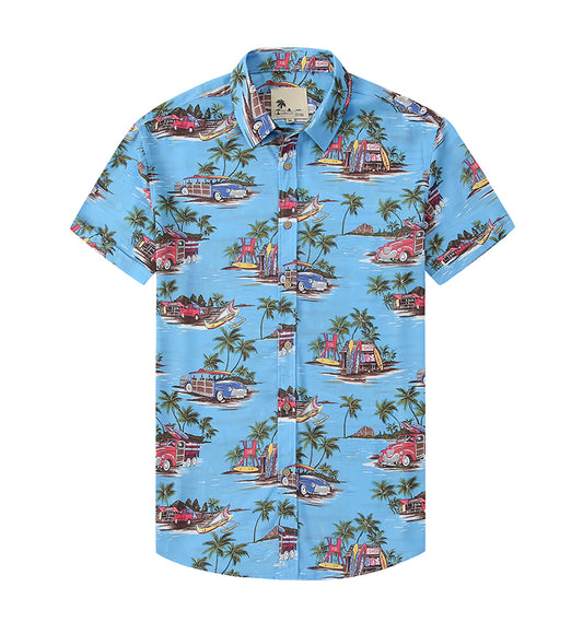 Warhorse Clothing Men's Hawaiian Casual Printed Shirt Blue Car Pattern European and American Men's Clothing Wholesale Customization