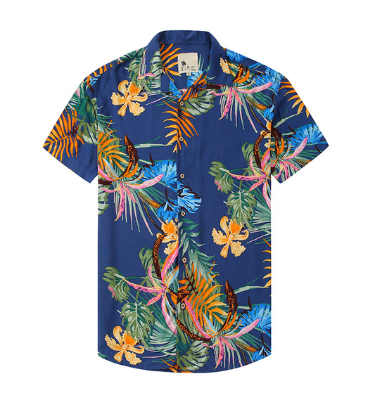 Warhorse Clothing Men's Hawaiian Casual Printed Shirt Blue European and American Men's Clothing Wholesale Customization