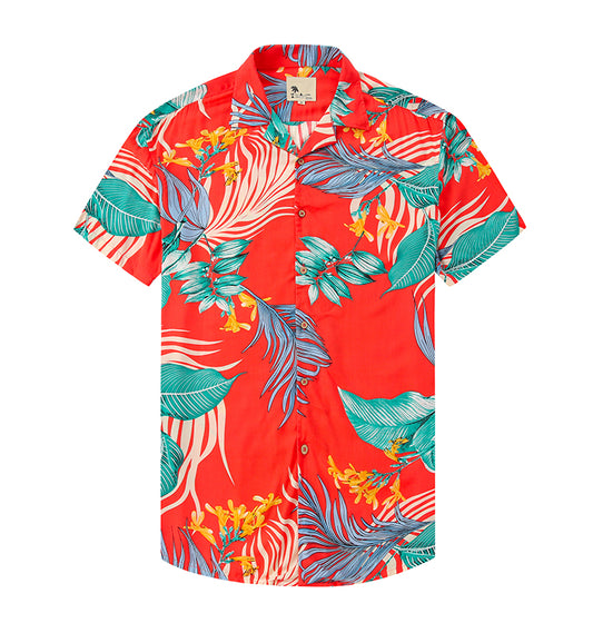 Warhorse Clothing Men's Hawaiian Casual Printed Shirt Orange Floral Pattern European and American Men's Clothing Wholesale Customization