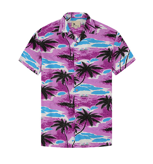 Warhorse Clothing Men's Hawaiian Casual Printed Shirt Purple Coconut Tree Pattern European and American Men's Clothing Wholesale Customization