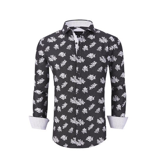 Warhorse clothing men's peach skin print long sleeve shirt white leaves European and American men's clothing wholesale customization