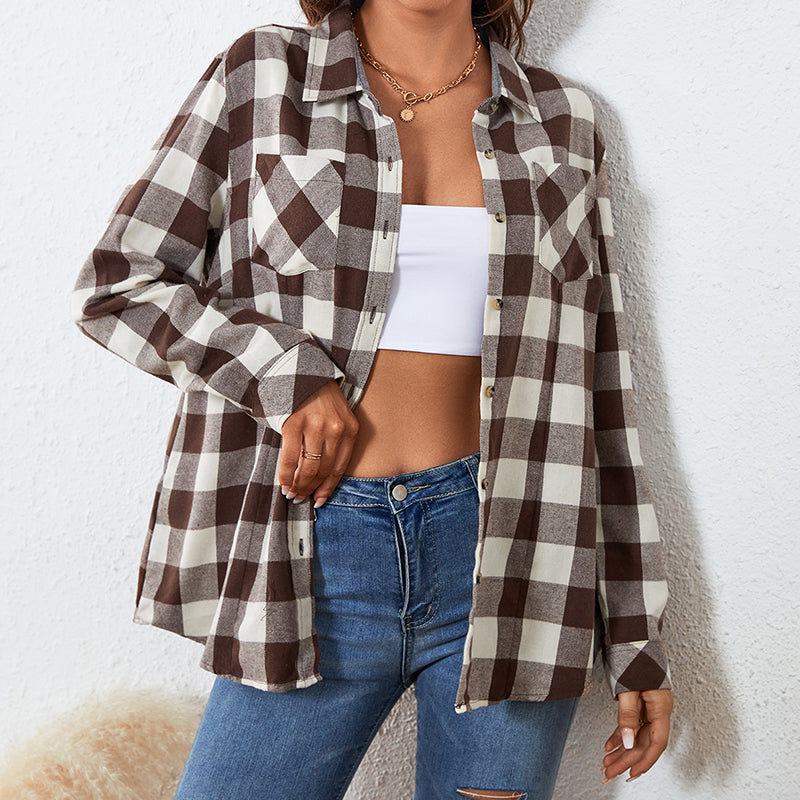 OEM/ODM flanela 2024 fashionable style Womens Flannels Long Sleeve Plaid Shirts Lightweight Check Gingham Top