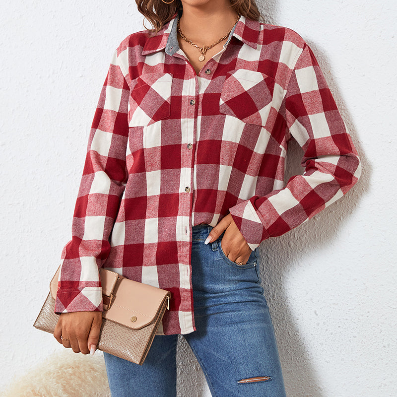 OEM/ODM flanela 2024 fashionable style Womens Flannels Long Sleeve Plaid Shirts Lightweight Check Gingham Top