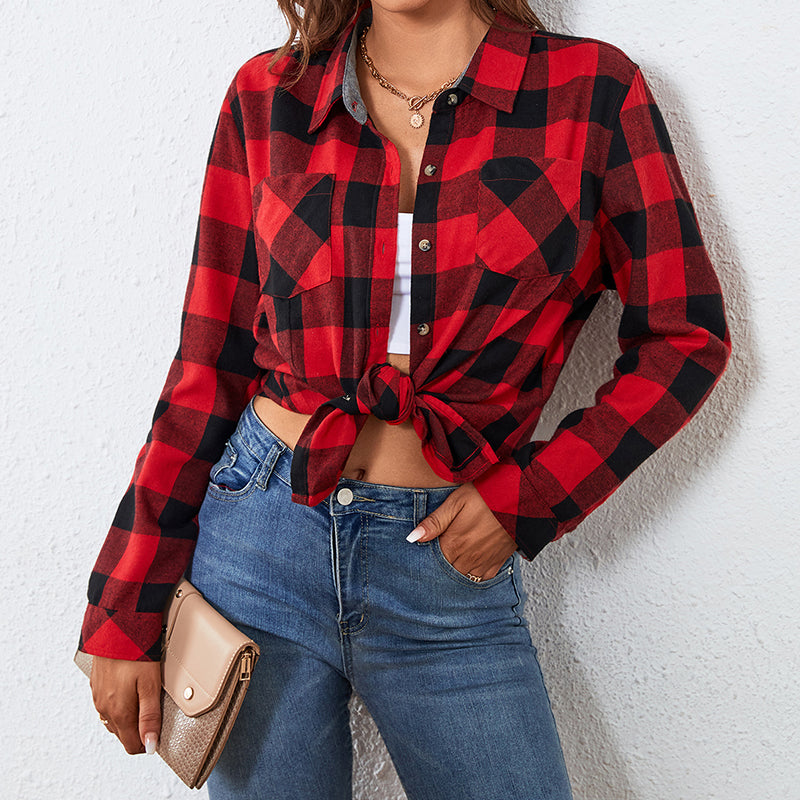 OEM/ODM flanela 2024 fashionable style Womens Flannels Long Sleeve Plaid Shirts Lightweight Check Gingham Top